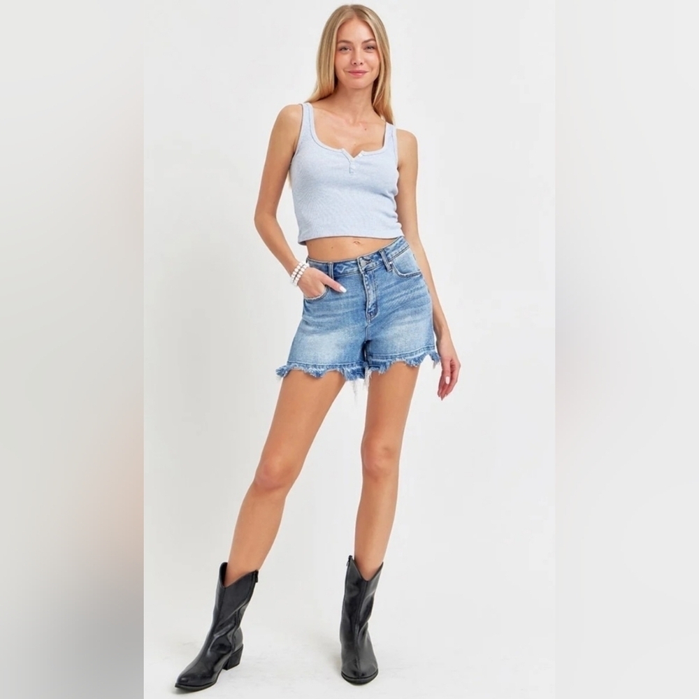 Risen High Rise Medium Wash Released Hem Denim Shorts Distressed Stretch XL NWT